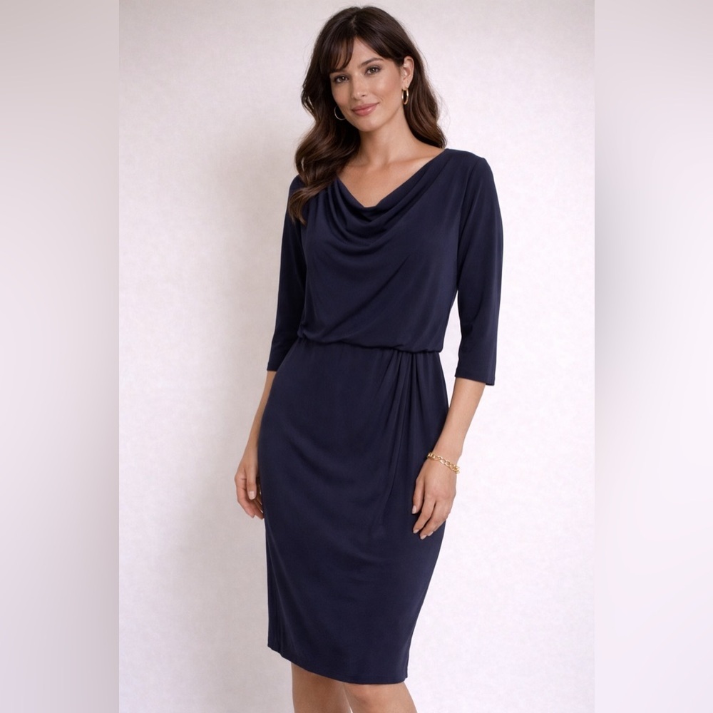Evan Picone Navy Draped Dress – Size 10